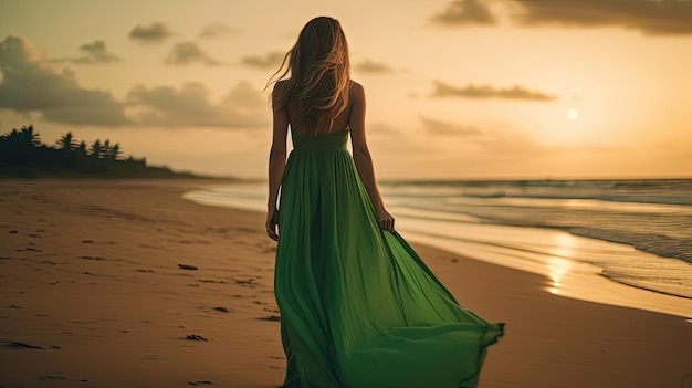 Una bella donna in abito verde che cammina sulla spiaggia tropicale al tramonto Ai generativa