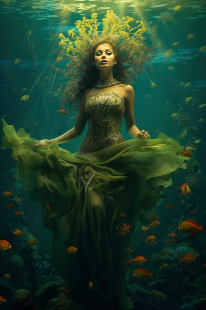 Una bella donna in un abito verde con pesci rossi sott'acqua