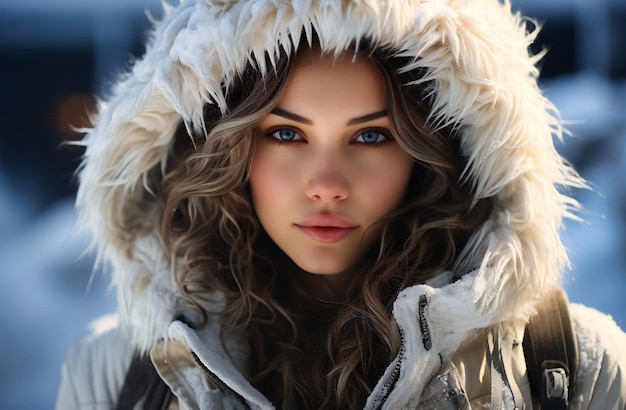 una bella donna in una tempesta invernale artica che indossa un cappotto