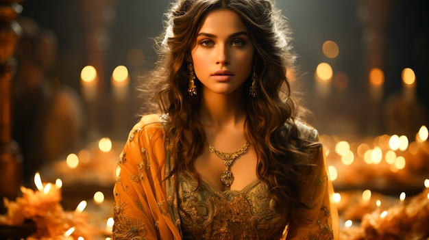 Una bella donna indù adornata d'oro che festeggia