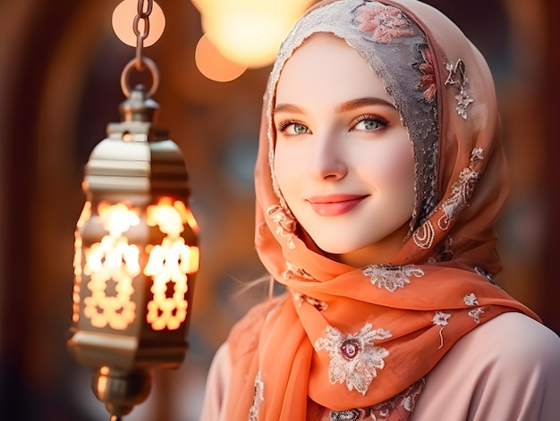 Una bella donna musulmana sorridente in hijab con una lanterna alla moschea Eid Mubarak concetto di Ramadan