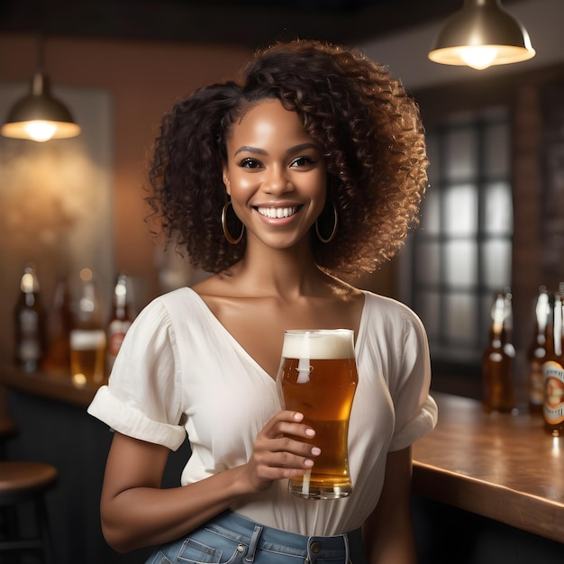 Una bella donna nera sorridente in piedi con un bicchiere di birra in mano