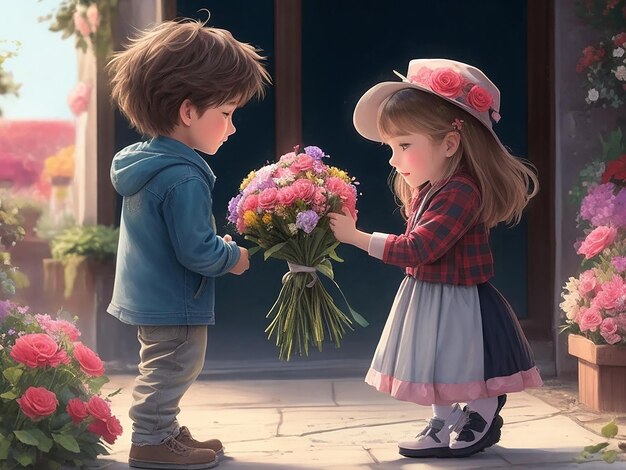 una bella donna presenta un mazzo di fiori al suo amico ai immagine