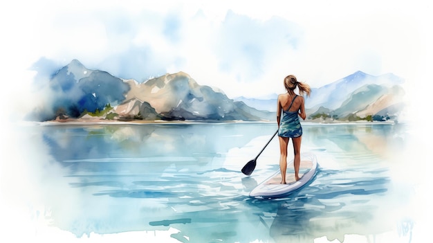 Una bella donna scivola con grazia su una tavola da paddle SUP godendo della serenità dell'acqua e della connessione con la natura mentre naviga con eleganza e equilibrio illustrazione ad acquerello