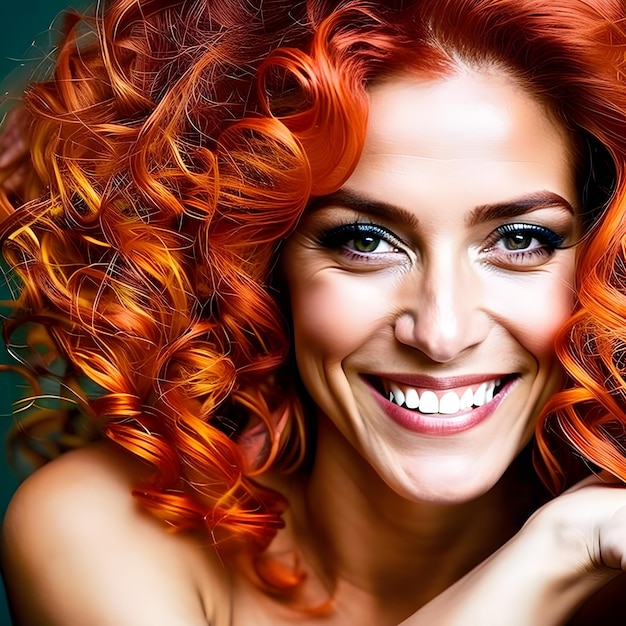 una bella donna sorridente con i capelli rossicci ricci