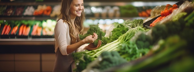 Una bella donna sorridente sceglie frutta e verdura da acquistare in un supermercato