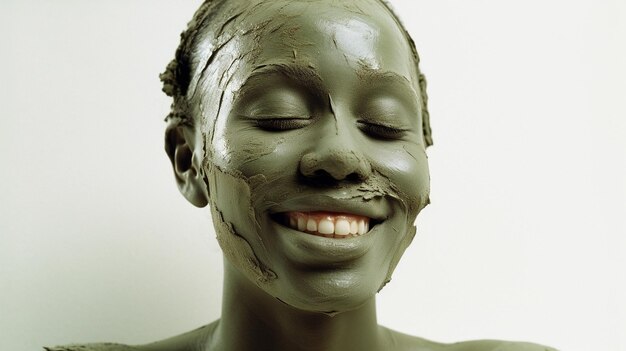 Una bella donna sorridente su uno sfondo bianco con una maschera verde naturale Immagine AI generativa