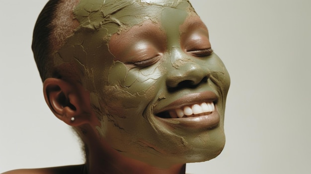 Una bella donna sorridente su uno sfondo bianco con una maschera verde naturale Immagine AI generativa