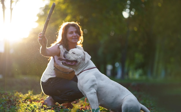 Una bella donna sta camminando in un parco cittadino con il suo cane di razza Bulldog americano