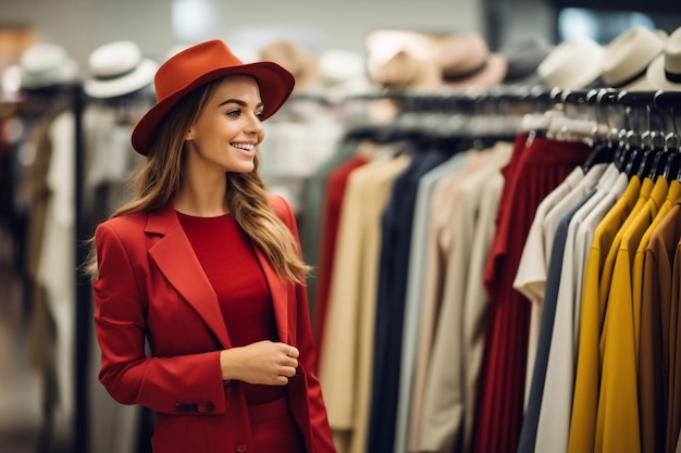 Una bella donna sta facendo acquisti in una selezione di vestiti guardando un vestito alla moda in un centro commerciale