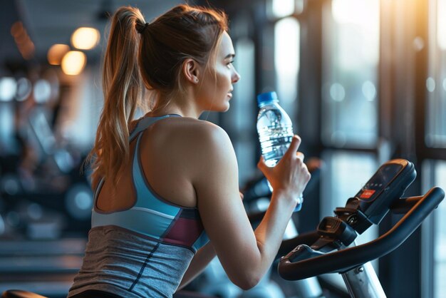 Una bella donna vestita di abbigliamento sportivo guida una bicicletta stazionaria mentre tiene in mano una bottiglia d'acqua