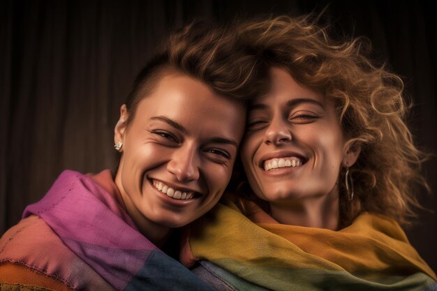 Una bella e felice coppia lesbica gay con i colori dell'arcobaleno bandiera LGBTQ Pride Month Wallpaper