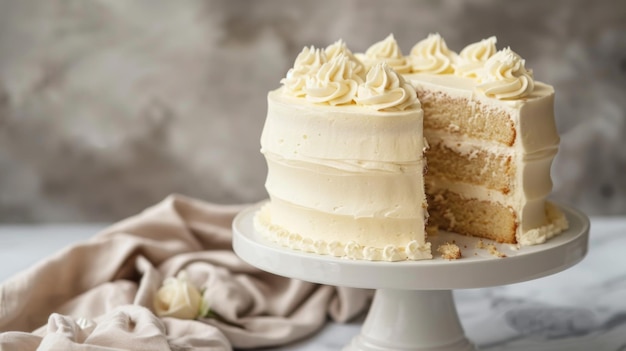 Una bella e gustosa torta bianca con crema bianca su un supporto per torte