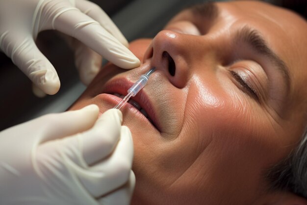 Una bella faccia da donna con una maschera cosmetica su di essa concetto di cura della pelle