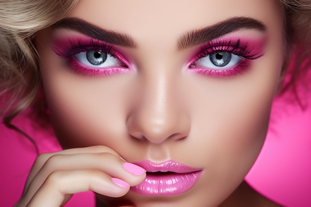 Una bella faccia di donna con il trucco rosa degli occhi