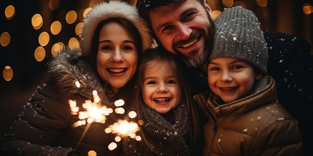 Una bella famiglia che celebra il Natale con dei luccioli in mano.