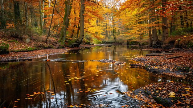 Una bella foto a lunga esposizione di un fiume che scorre attraverso una foresta in autunno