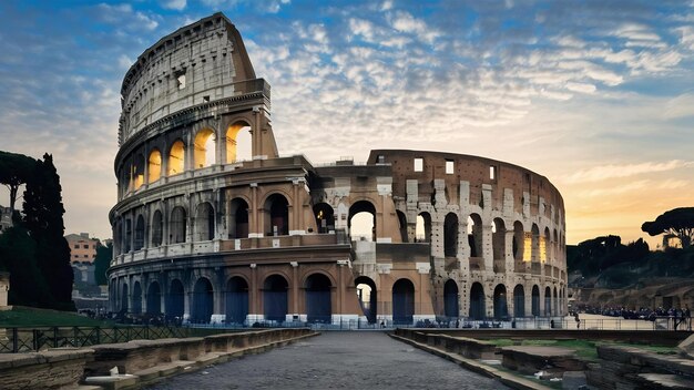 Una bella foto del famoso anfiteatro del Colosseo romano sotto il cielo mozzafiato all'alba