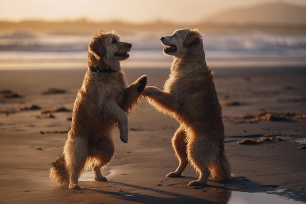 Una bella foto di due cani in piedi e che ballano insieme su una spiaggia