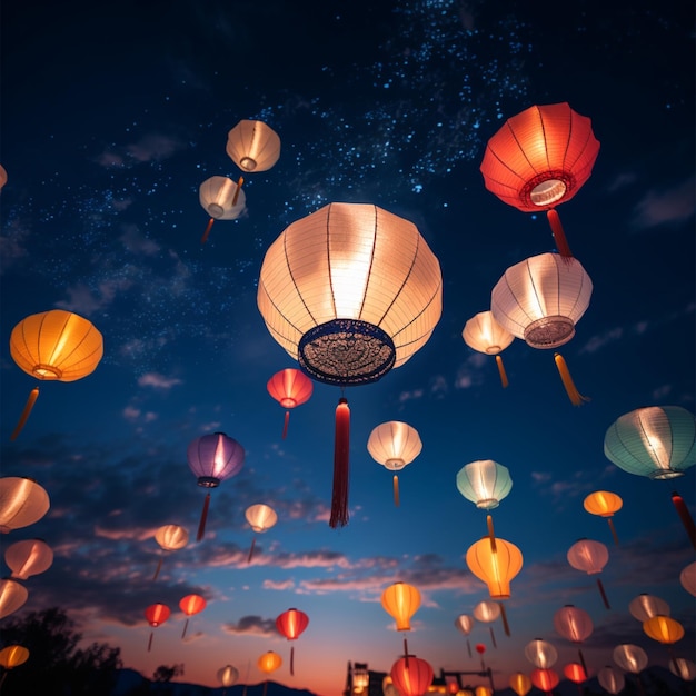 Una bella foto di lanterne cinesi colorate contro un cielo blu e la luna piena sullo sfondo