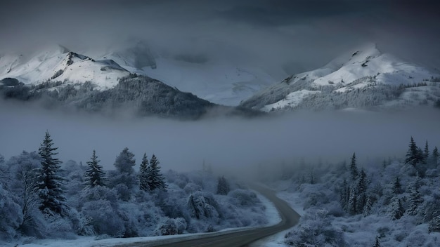 Una bella foto di montagne e alberi coperti di neve e nebbia