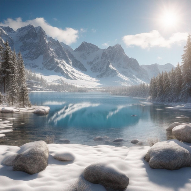 Una bella foto di un lago cristallino accanto a una montagna innevata.