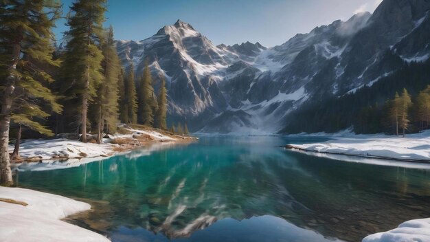 Una bella foto di un lago cristallino vicino alla base di una montagna innevata durante una giornata di sole