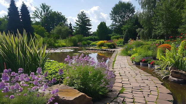 Una bella foto di un sentiero di pietra che conduce attraverso un giardino lussureggiante