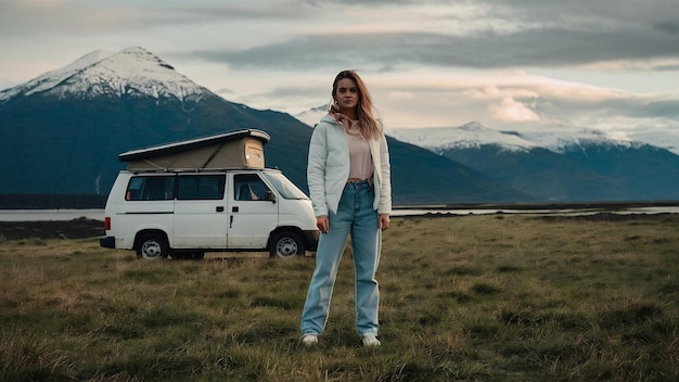 Una bella foto di una femmina in piedi su un campo erboso vicino a un furgone con la montagna