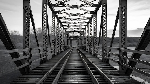 Una bella foto in bianco e nero di una ferrovia su un ponte di metallo