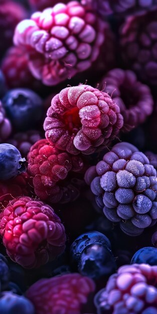 Una bella foto ravvicinata di frutta con lamponi mirtilli e mirtilli