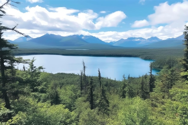 Una bella giornata con un cielo luminoso e il lago Kathleen nel territorio dello Yukon di Haines Junction Lo splendido lago sottostante è stato fotografato a giugno ed è circondato da una foresta boreale