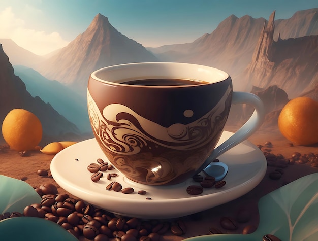 Una bella giornata di caffè con sfondo fantasy illustrazione tazza di caffè