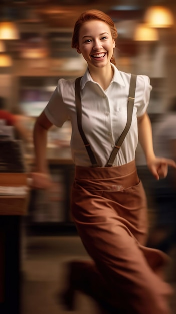 Una bella giovane cameriera che serve in movimento in servizio in un ristorante