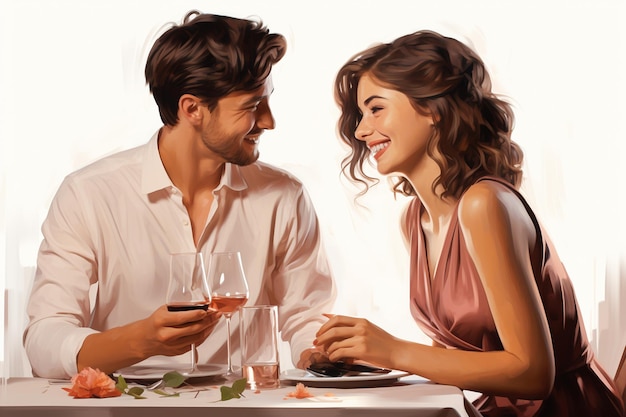 Una bella giovane coppia che ha una cena romantica al ristorante sorridendo e guardandosi