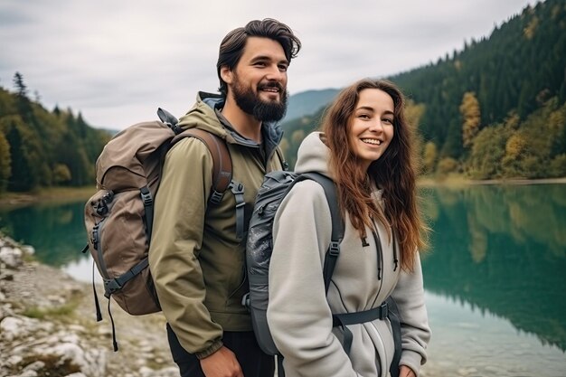 Una bella giovane coppia con zaini da escursionista va a fare trekking.