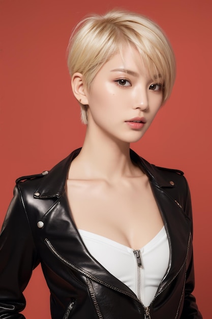 Una bella giovane donna asiatica con giacca da moto in pelle nera con zip a metà sopra un top a fascia
