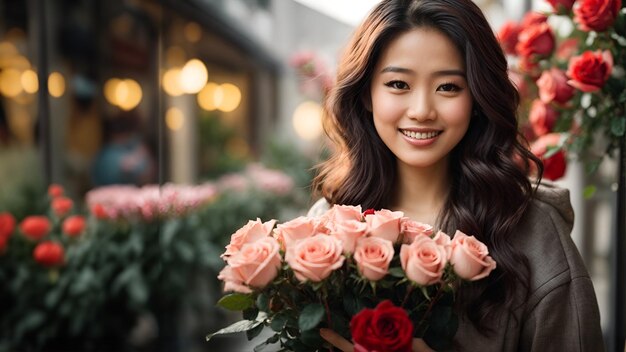 una bella giovane donna asiatica sorridente che riceve un bouquet di rose per il giorno di San Valentino
