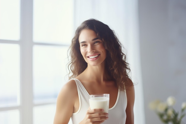 Una bella giovane donna che beve un bicchiere di latte