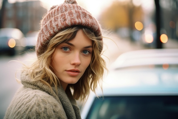 una bella giovane donna che indossa un berretto e un maglione