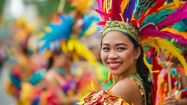 Una bella giovane donna che indossa un colorato copricapo di piume e un costume di danza tradizionale sorride felicemente alla telecamera