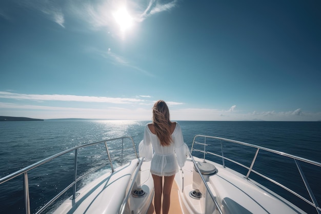 Una bella giovane donna che naviga su uno yacht in una giornata di sole Una bella giovane donna piena vista posteriore senza volto AI Generated