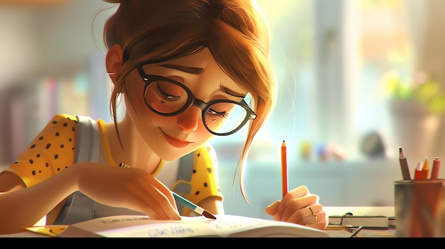 Una bella giovane donna con gli occhiali sta scrivendo nel suo diario è seduta alla sua scrivania e indossa una camicia gialla