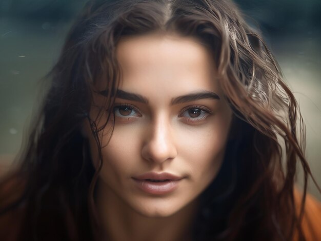 Una bella giovane donna con i capelli bagnati che guarda la telecamera