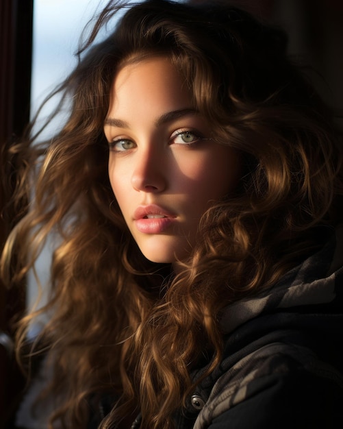 una bella giovane donna con i capelli lunghi e ondulati che guarda fuori dalla finestra