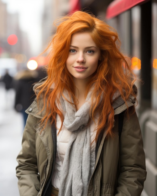 una bella giovane donna con i capelli rossi in piedi sulla strada