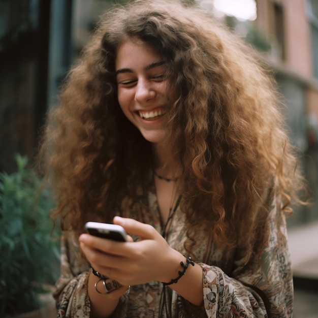 Una bella giovane donna con lunghi capelli castani ricci guarda in uno smartphone si rallegra e ride