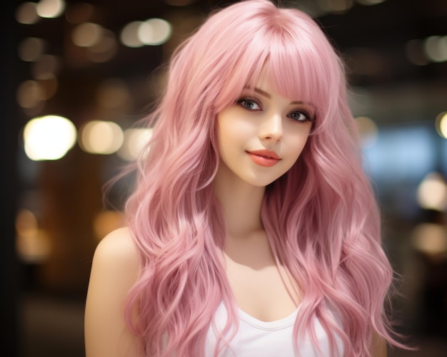 una bella giovane donna con lunghi capelli rosa