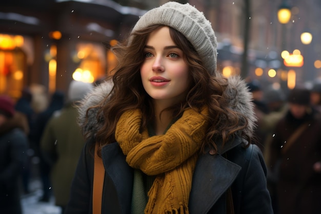 una bella giovane donna con un cappello d'inverno e una sciarpa che cammina per la strada nella neve