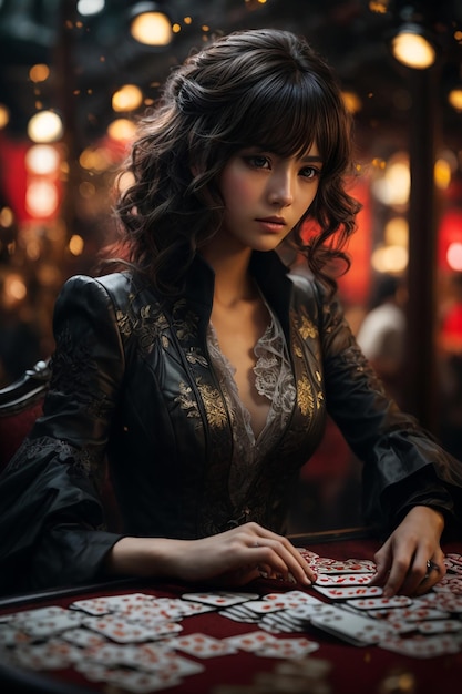 Una bella giovane donna con un vestito rosso e un cappello che tiene un asso in una carta da poker al casinò rischio e possibilità di vincere gioco d'azzardo